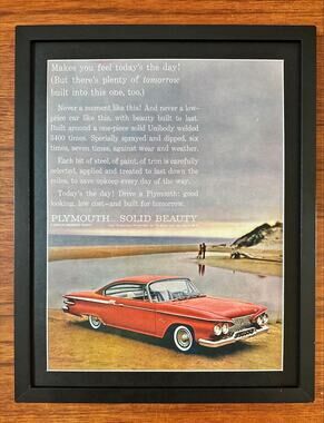 Framed Red 1961 Plymouth Coupe at the Beach Vintage Original Print Ad